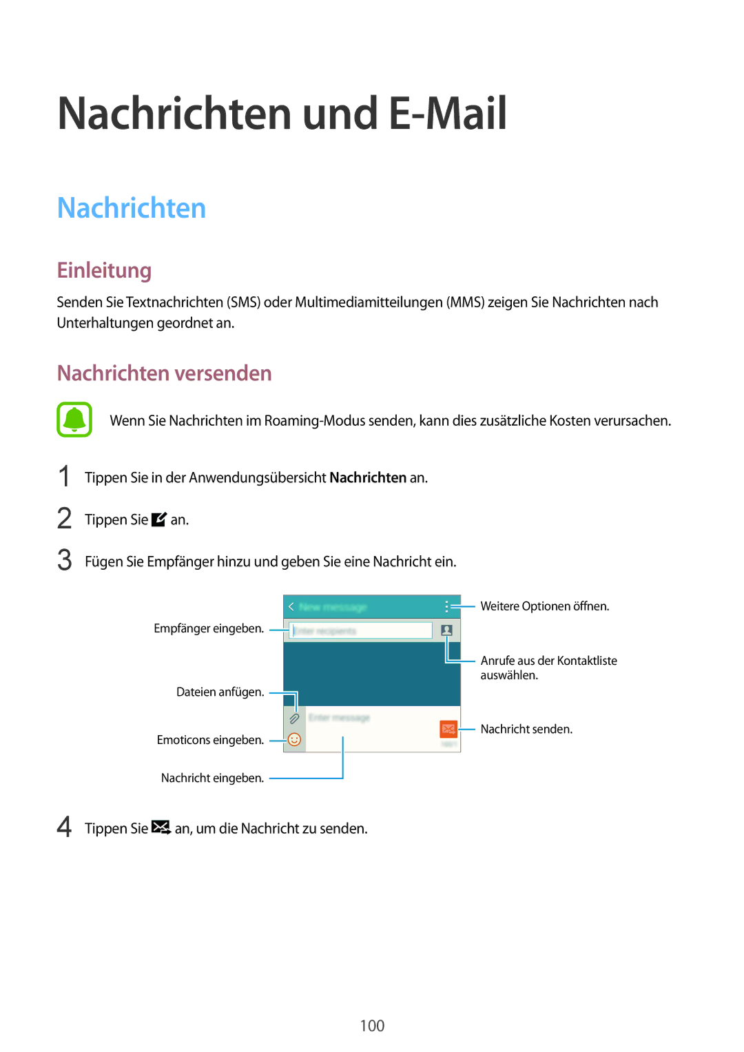 Samsung SM-N915FZKYATO, SM-N915FZWYEUR, SM-N915FZWYTPH, SM-N915FZKYTPH manual Nachrichten und E-Mail, Nachrichten versenden 