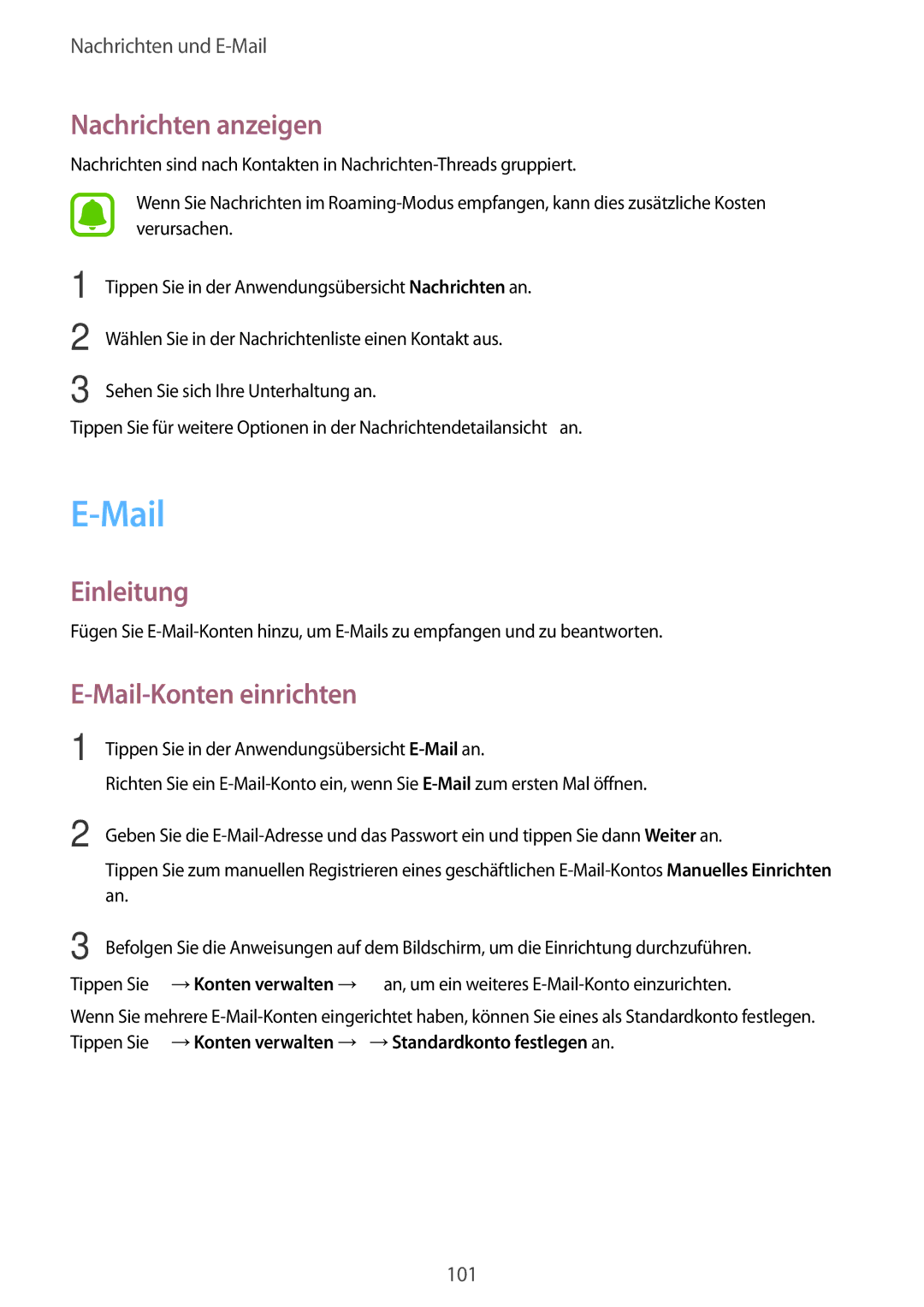 Samsung SM-N915FZWYTPH, SM-N915FZWYEUR, SM-N915FZKYATO, SM-N915FZKYTPH manual Nachrichten anzeigen, Mail-Konten einrichten 
