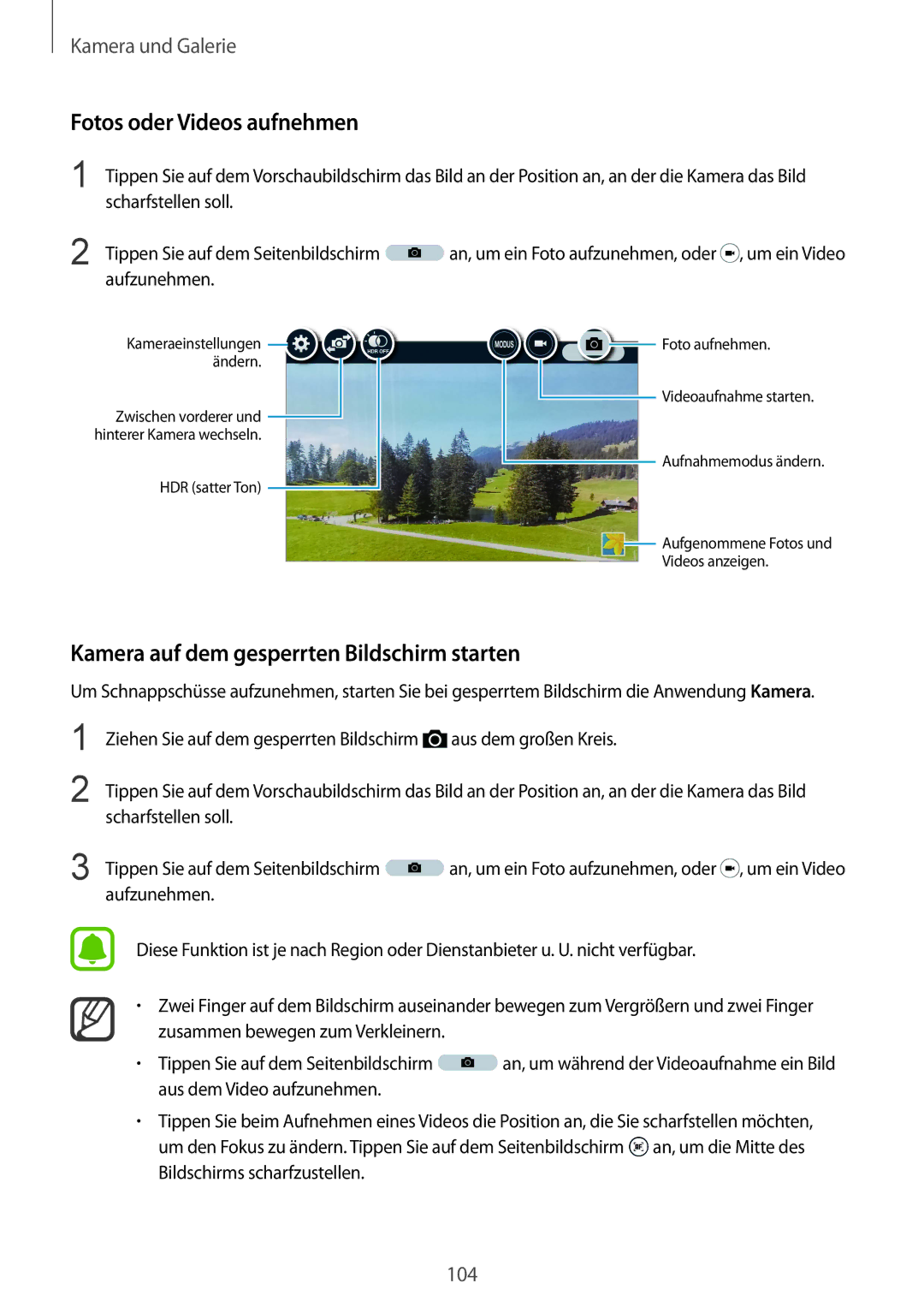 Samsung SM-N915FZWYDBT, SM-N915FZWYEUR manual Fotos oder Videos aufnehmen, Kamera auf dem gesperrten Bildschirm starten 