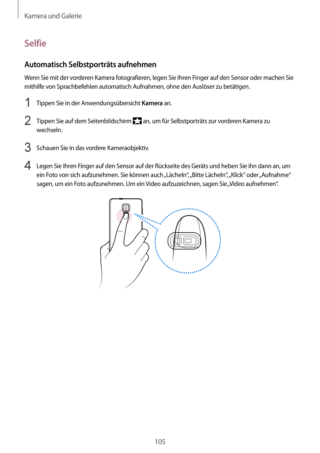 Samsung SM-N915FZKYEUR, SM-N915FZWYEUR, SM-N915FZKYATO, SM-N915FZWYTPH manual Selfie, Automatisch Selbstporträts aufnehmen 