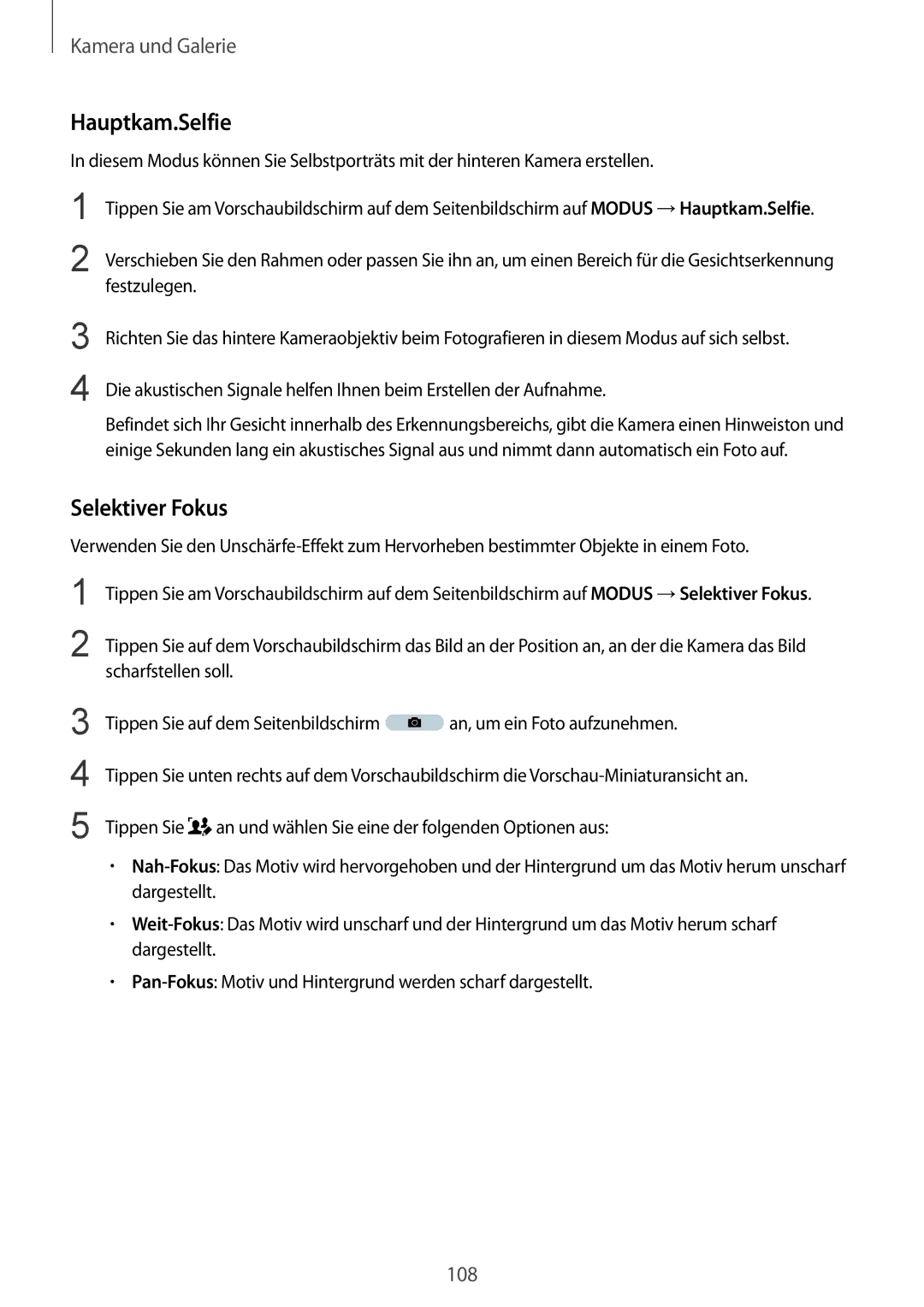 Samsung SM-N915FZKYDBT, SM-N915FZWYEUR, SM-N915FZKYATO, SM-N915FZWYTPH, SM-N915FZKYTPH manual Hauptkam.Selfie, Selektiver Fokus 