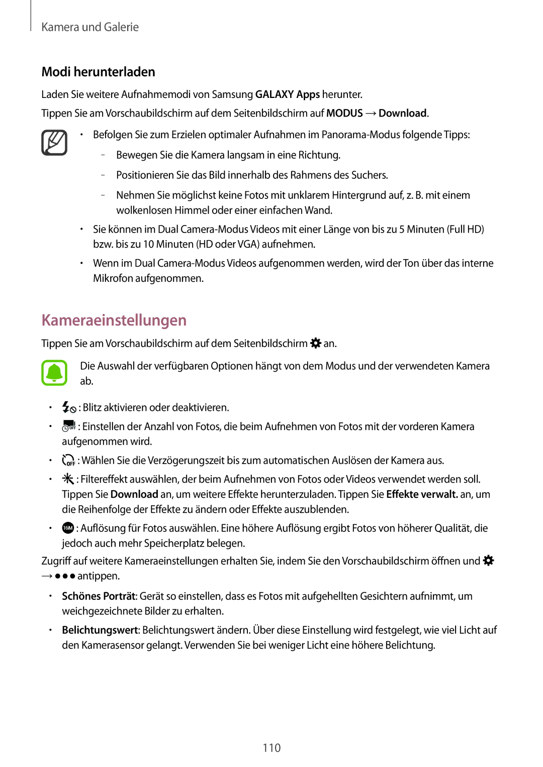 Samsung SM-N915FZWYEUR, SM-N915FZKYATO, SM-N915FZWYTPH, SM-N915FZKYTPH manual Kameraeinstellungen, Modi herunterladen 