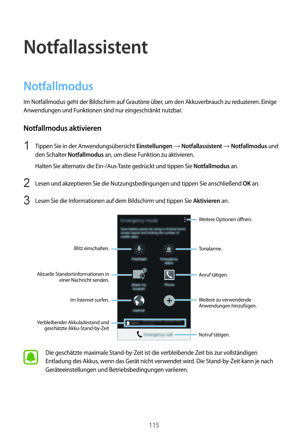 Samsung SM-N915FZWYDBT, SM-N915FZWYEUR, SM-N915FZKYATO, SM-N915FZWYTPH manual Notfallassistent, Notfallmodus aktivieren 