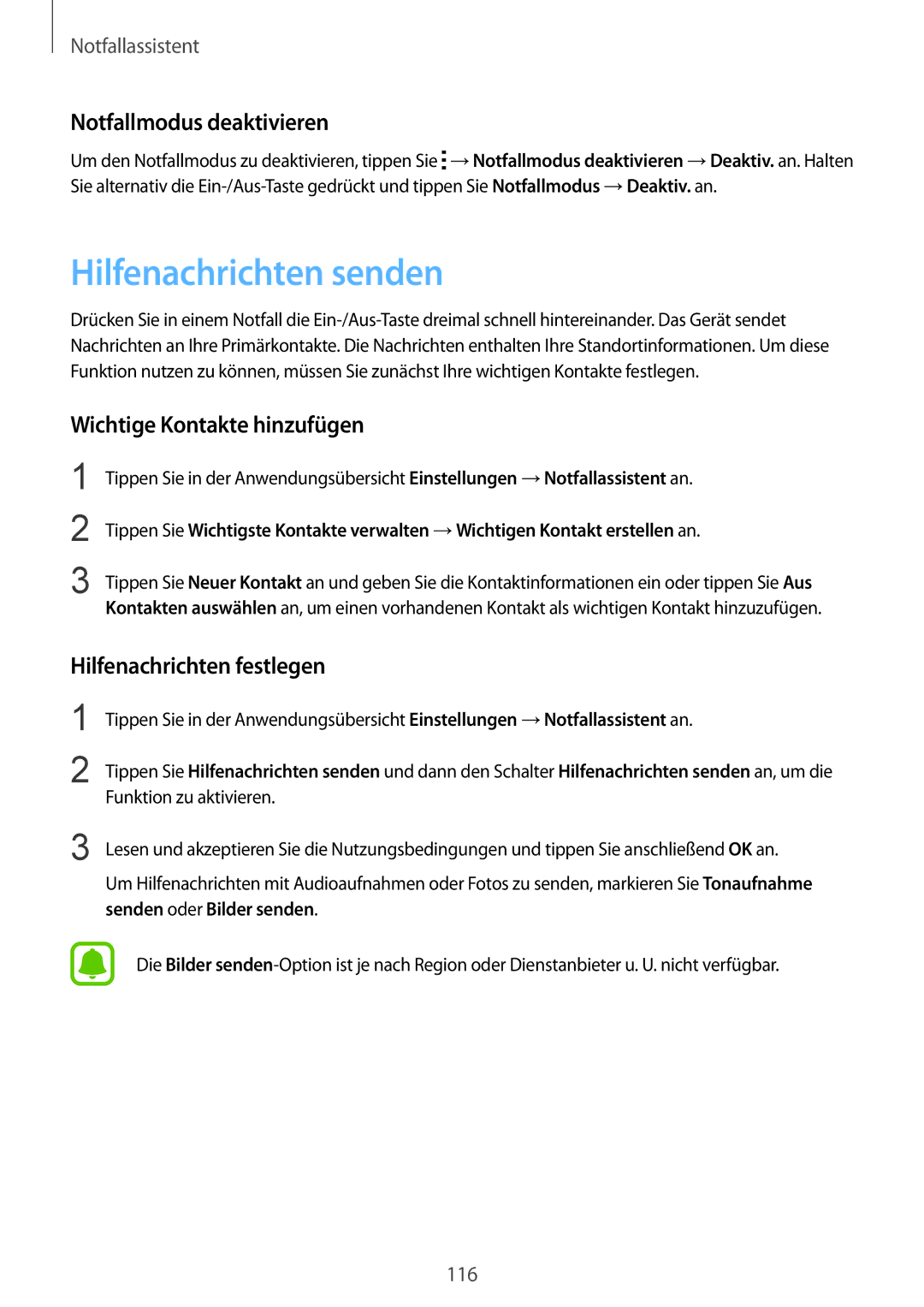 Samsung SM-N915FZKYEUR, SM-N915FZWYEUR Hilfenachrichten senden, Notfallmodus deaktivieren, Wichtige Kontakte hinzufügen 