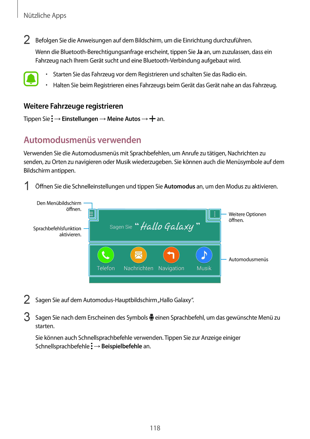 Samsung SM-N915FZKYSEB, SM-N915FZWYEUR, SM-N915FZKYATO manual Automodusmenüs verwenden, Weitere Fahrzeuge registrieren 