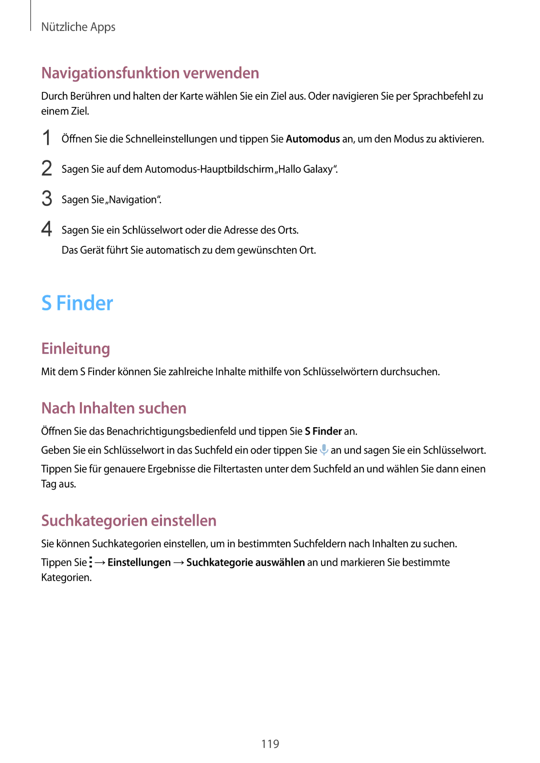 Samsung SM-N915FZKYDBT manual Finder, Navigationsfunktion verwenden, Nach Inhalten suchen, Suchkategorien einstellen 