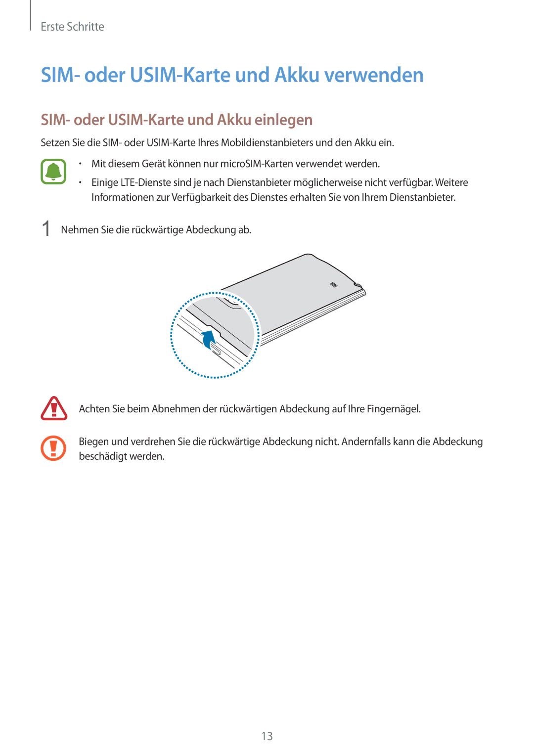 Samsung SM-N915FZWYTPH, SM-N915FZWYEUR SIM- oder USIM-Karte und Akku verwenden, SIM- oder USIM-Karte und Akku einlegen 