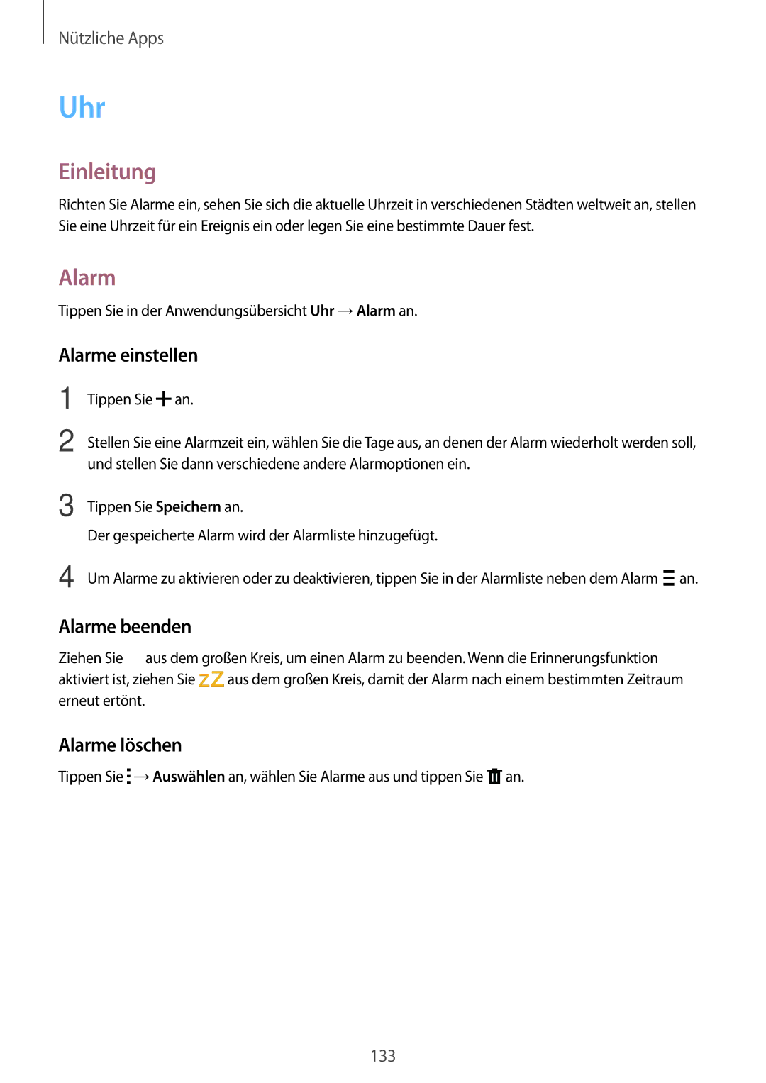 Samsung SM-N915FZKYATO, SM-N915FZWYEUR, SM-N915FZWYTPH manual Uhr, Alarme einstellen, Alarme beenden, Alarme löschen 