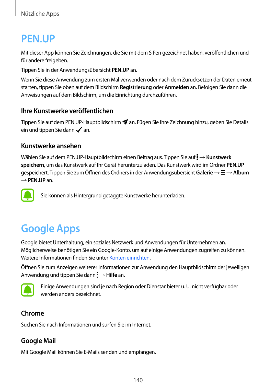 Samsung SM-N915FZKYSEB manual Google Apps, Ihre Kunstwerke veröffentlichen, Kunstwerke ansehen, Chrome, Google Mail 