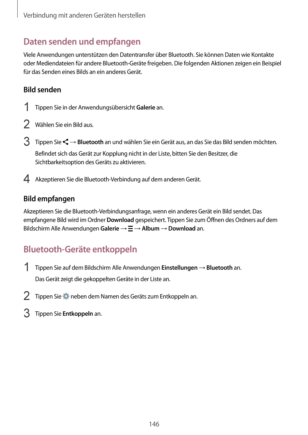 Samsung SM-N915FZKYTPH manual Daten senden und empfangen, Bluetooth-Geräte entkoppeln, Bild senden, Bild empfangen 