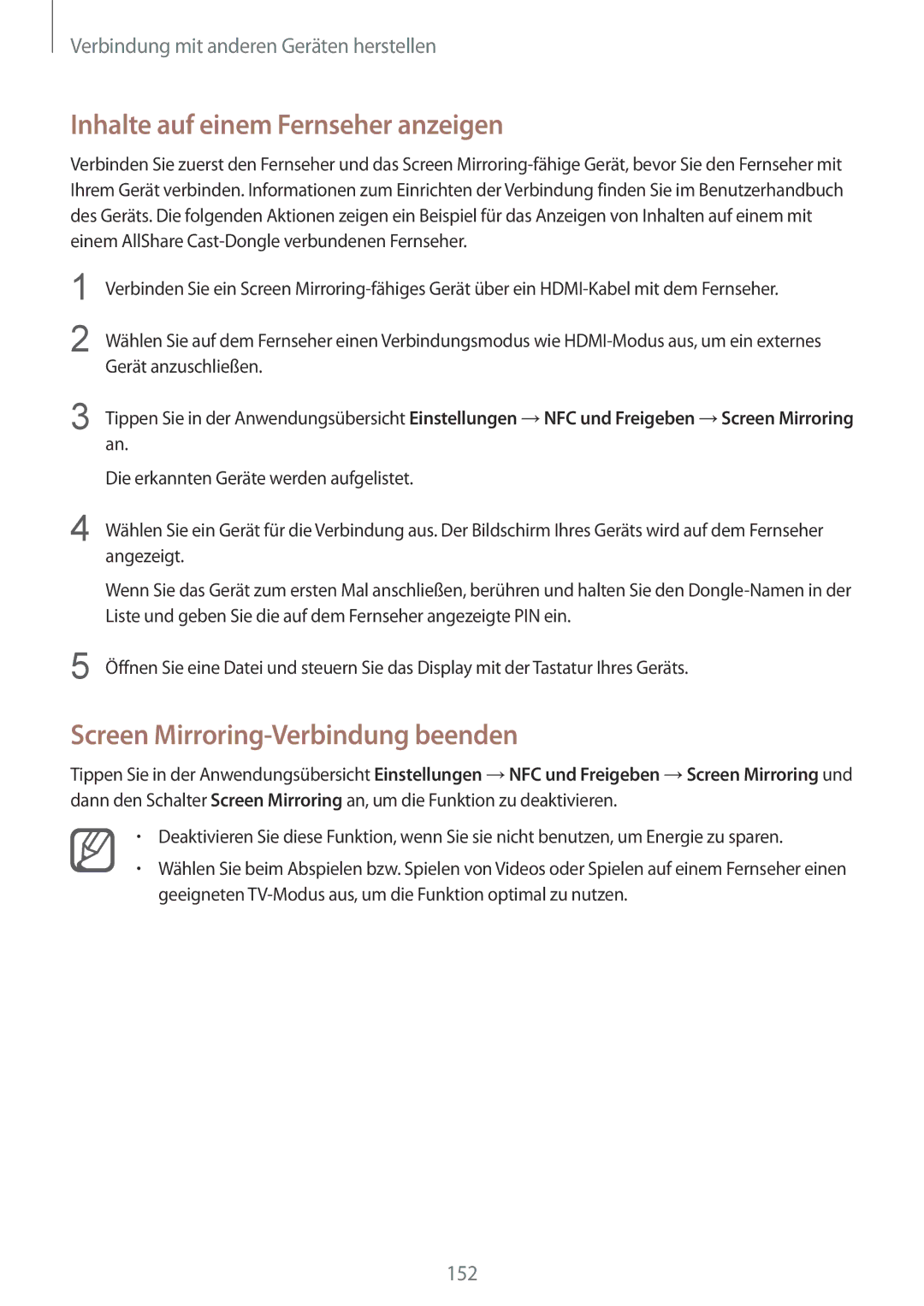 Samsung SM-N915FZKYDBT, SM-N915FZWYEUR manual Inhalte auf einem Fernseher anzeigen, Screen Mirroring-Verbindung beenden 