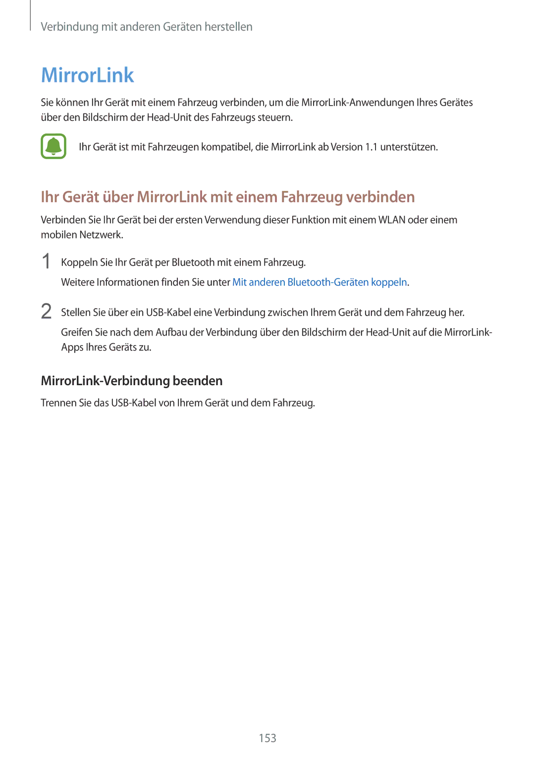 Samsung SM-N915FZKYXEF manual Ihr Gerät über MirrorLink mit einem Fahrzeug verbinden, MirrorLink-Verbindung beenden 