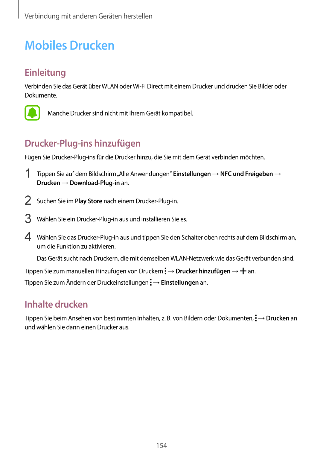 Samsung SM-N915FZWYEUR, SM-N915FZKYATO, SM-N915FZWYTPH manual Mobiles Drucken, Drucker-Plug-ins hinzufügen, Inhalte drucken 