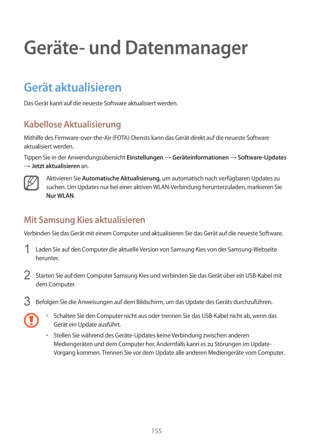 Samsung SM-N915FZKYATO, SM-N915FZWYEUR manual Geräte- und Datenmanager, Gerät aktualisieren, Kabellose Aktualisierung 