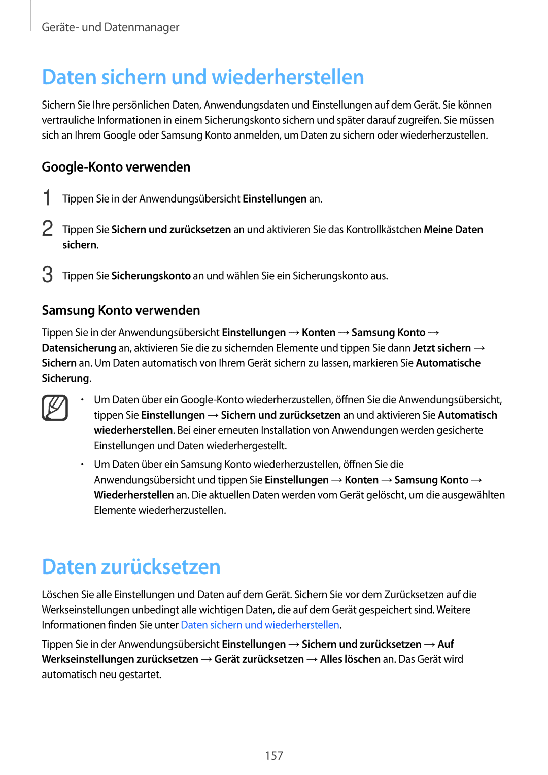 Samsung SM-N915FZKYTPH, SM-N915FZWYEUR manual Daten sichern und wiederherstellen, Daten zurücksetzen, Google-Konto verwenden 