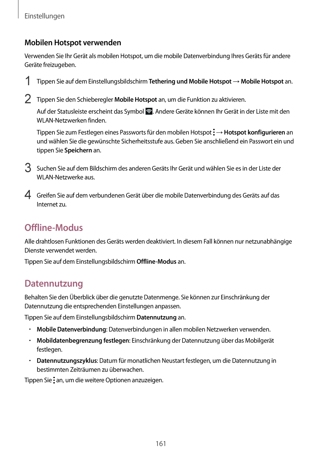 Samsung SM-N915FZWYATO, SM-N915FZWYEUR, SM-N915FZKYATO manual Offline-Modus, Datennutzung, Mobilen Hotspot verwenden 