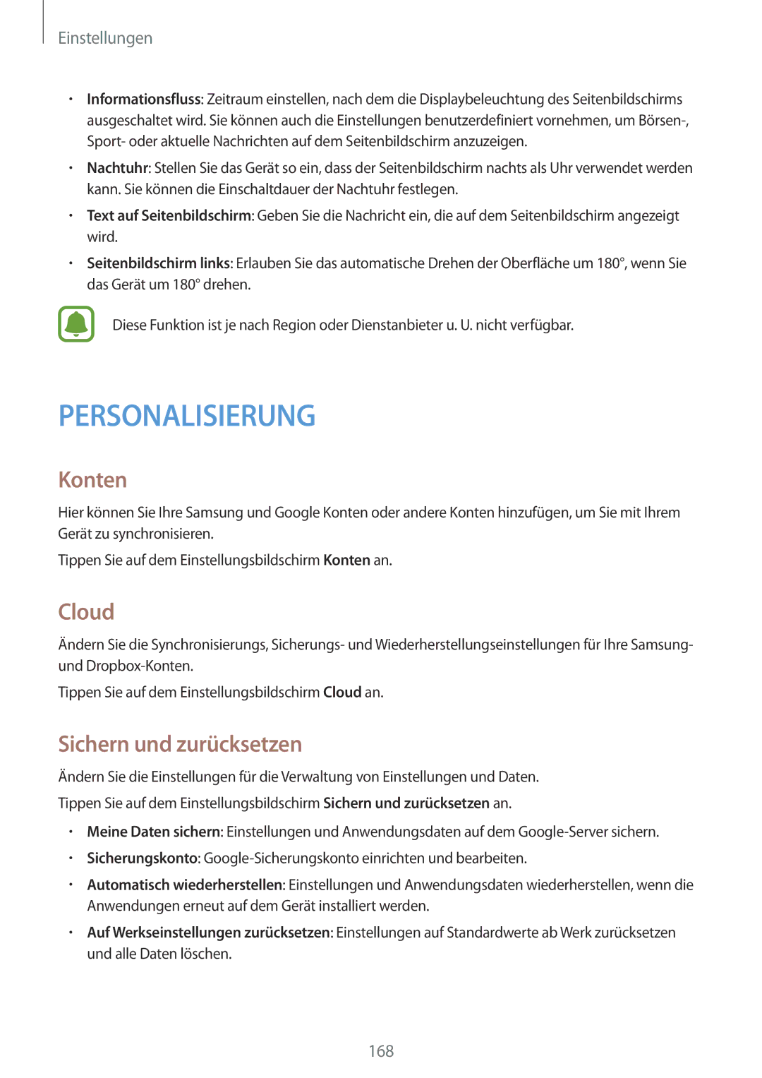 Samsung SM-N915FZKYTPH, SM-N915FZWYEUR, SM-N915FZKYATO, SM-N915FZWYTPH manual Konten, Cloud, Sichern und zurücksetzen 