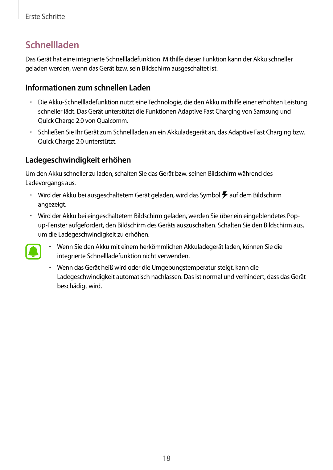 Samsung SM-N915FZWYATO, SM-N915FZWYEUR manual Schnellladen, Informationen zum schnellen Laden, Ladegeschwindigkeit erhöhen 