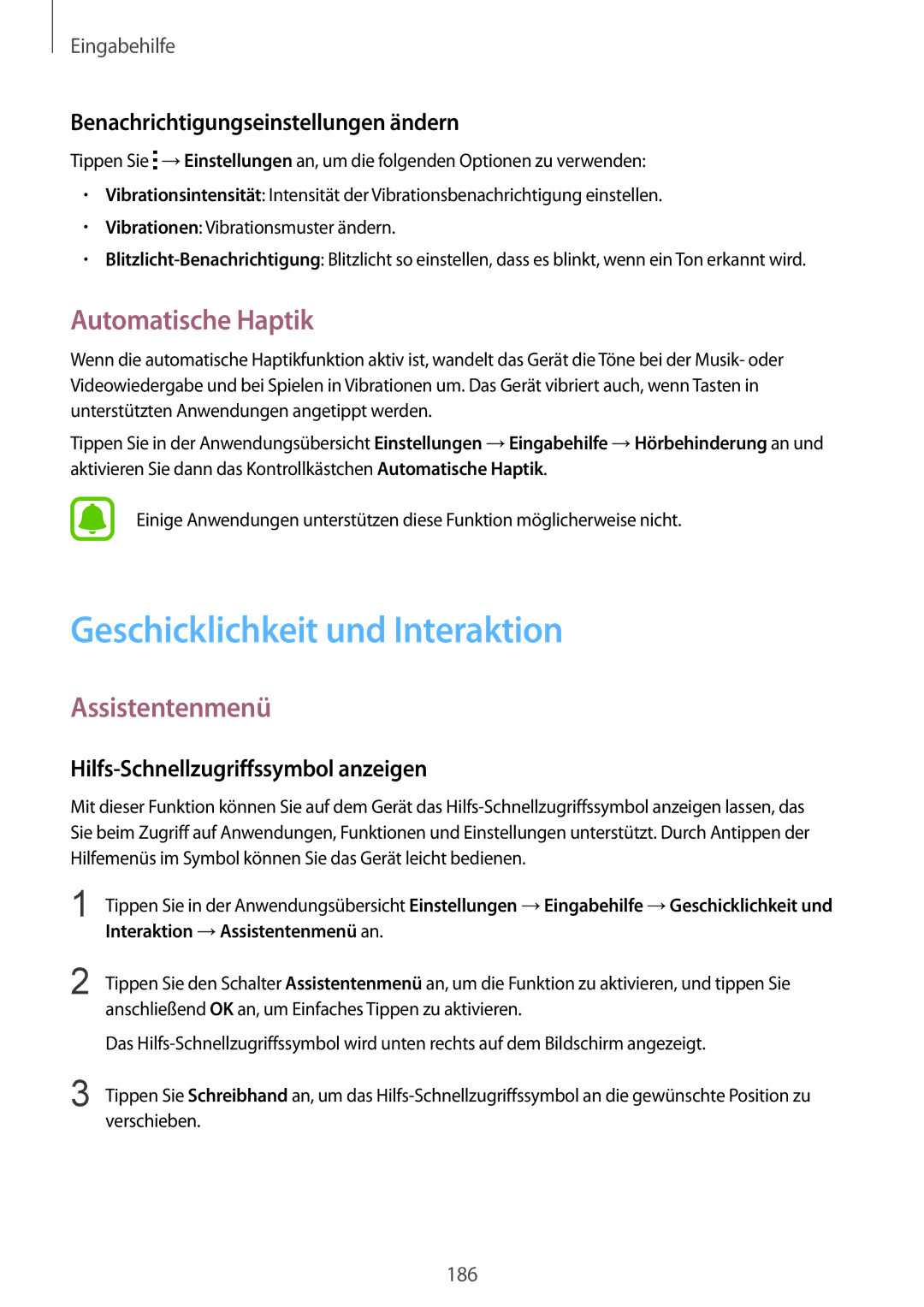 Samsung SM-N915FZKYXEF, SM-N915FZWYEUR manual Geschicklichkeit und Interaktion, Automatische Haptik, Assistentenmenü 