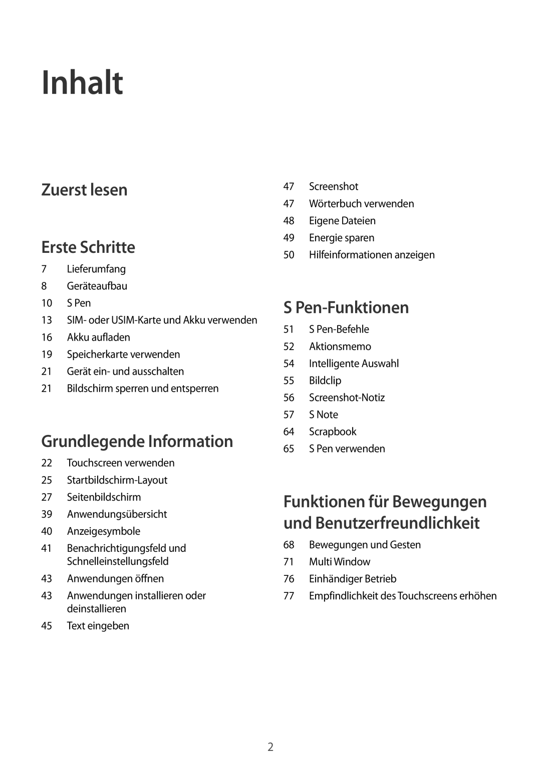 Samsung SM-N915FZWYTPH, SM-N915FZWYEUR, SM-N915FZKYATO, SM-N915FZKYTPH, SM-N915FZWYXEO Inhalt, Zuerst lesen Erste Schritte 