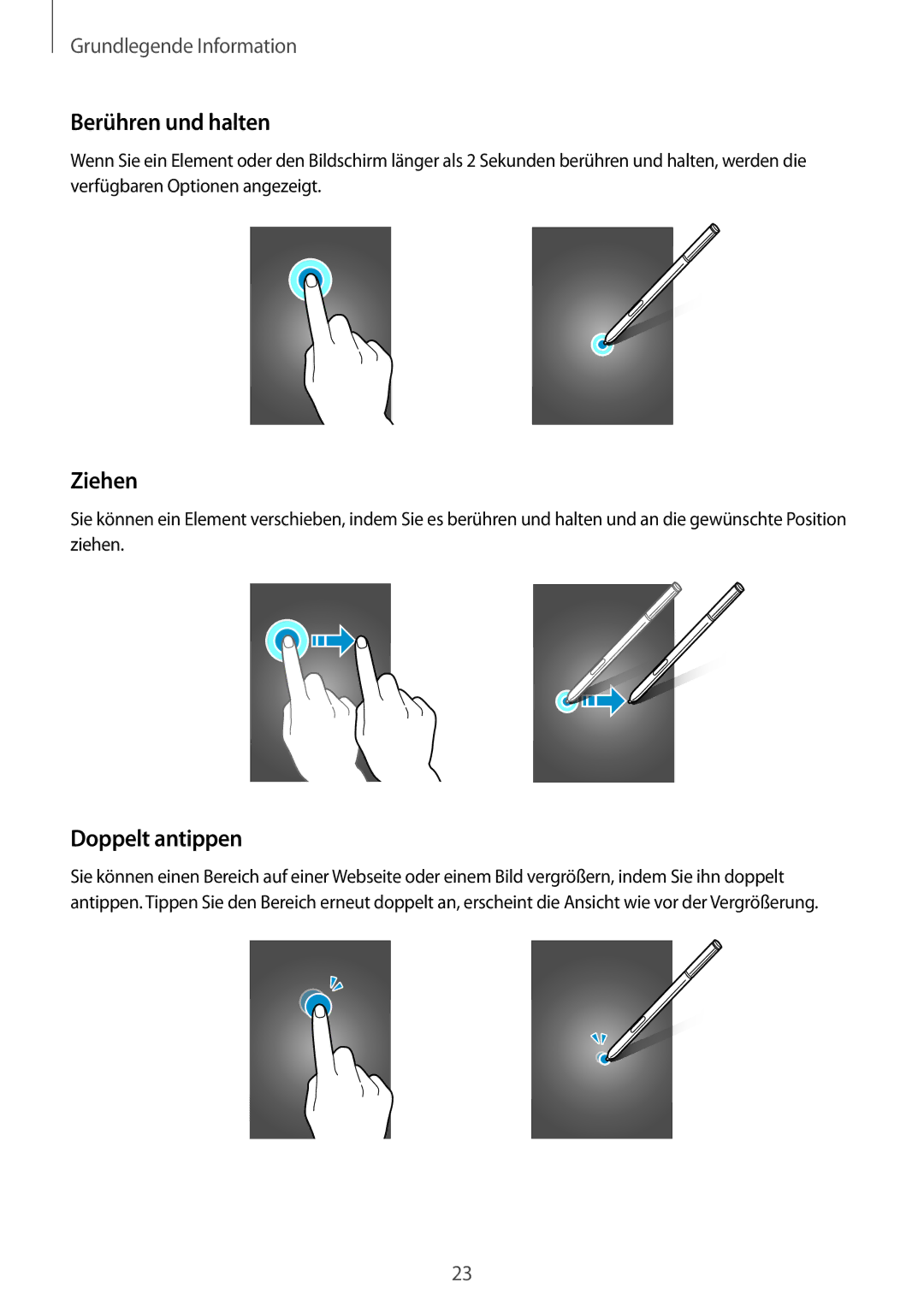 Samsung SM-N915FZKYATO, SM-N915FZWYEUR, SM-N915FZWYTPH, SM-N915FZKYTPH manual Berühren und halten, Ziehen, Doppelt antippen 