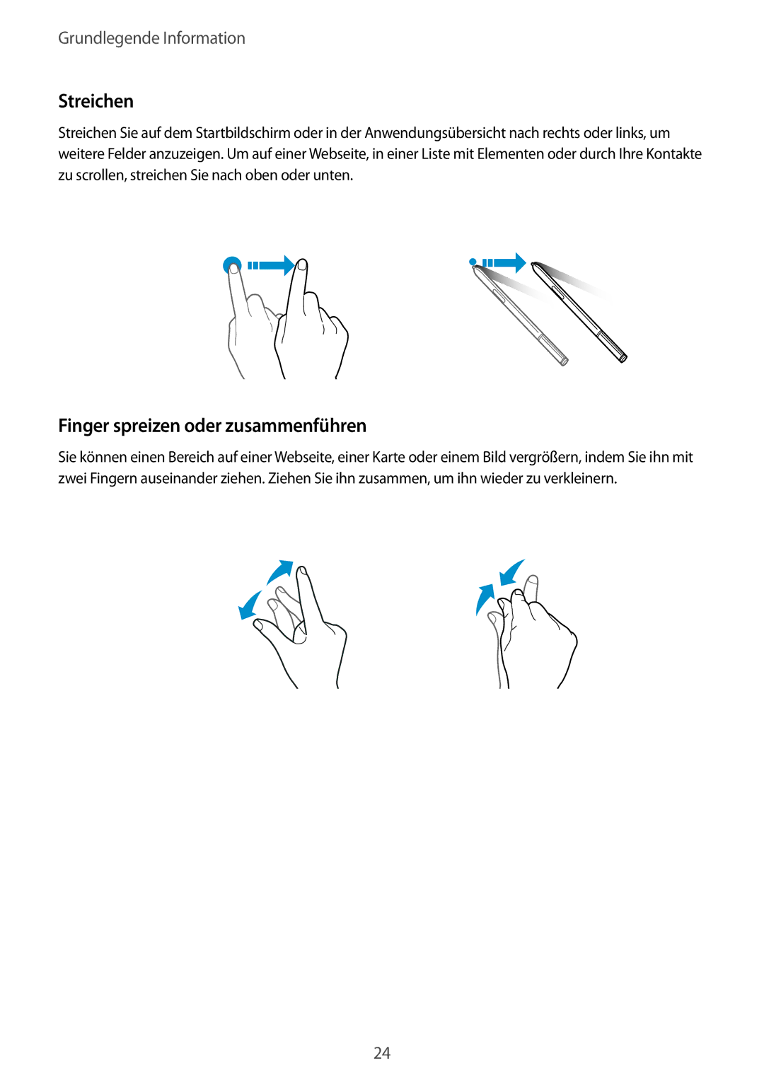 Samsung SM-N915FZWYTPH, SM-N915FZWYEUR, SM-N915FZKYATO, SM-N915FZKYTPH manual Streichen, Finger spreizen oder zusammenführen 