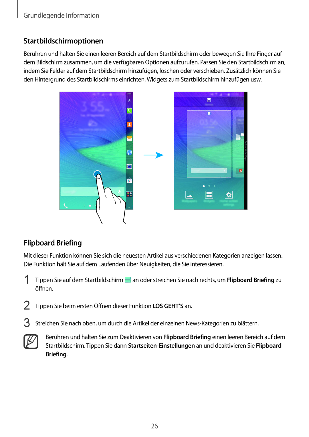 Samsung SM-N915FZWYXEO, SM-N915FZWYEUR, SM-N915FZKYATO, SM-N915FZWYTPH manual Startbildschirmoptionen, Flipboard Briefing 