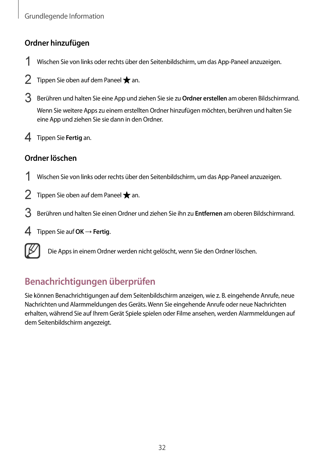 Samsung SM-N915FZKYXEF, SM-N915FZWYEUR, SM-N915FZKYATO Benachrichtigungen überprüfen, Ordner hinzufügen, Ordner löschen 