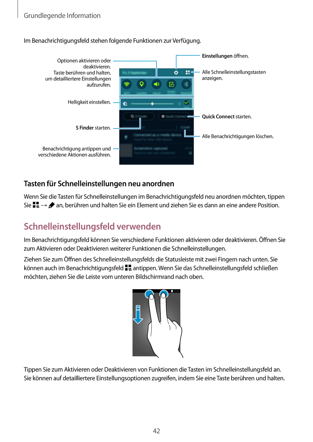 Samsung SM-N915FZKYDBT, SM-N915FZWYEUR Schnelleinstellungsfeld verwenden, Tasten für Schnelleinstellungen neu anordnen 