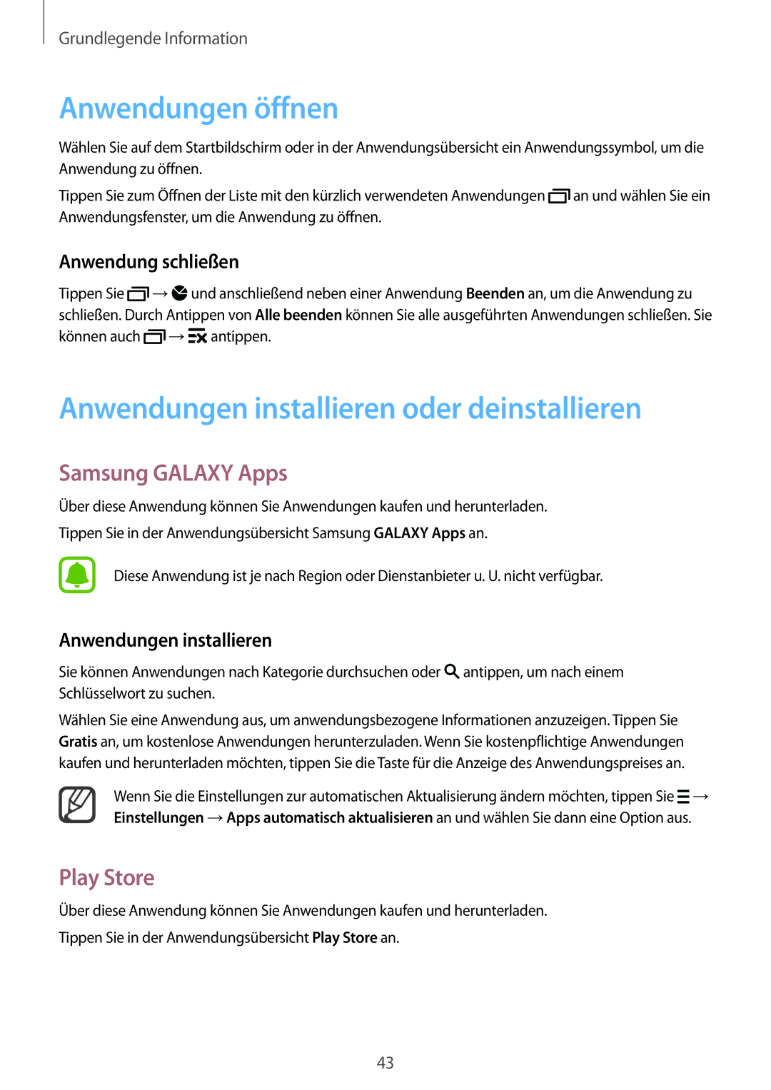 Samsung SM-N915FZKYXEF Anwendungen öffnen, Anwendungen installieren oder deinstallieren, Samsung Galaxy Apps, Play Store 