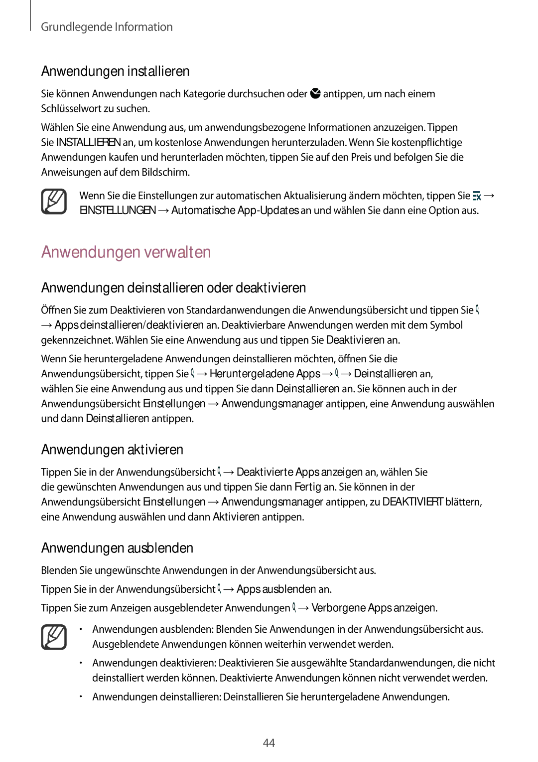 Samsung SM-N915FZWYEUR manual Anwendungen verwalten, Anwendungen deinstallieren oder deaktivieren, Anwendungen aktivieren 