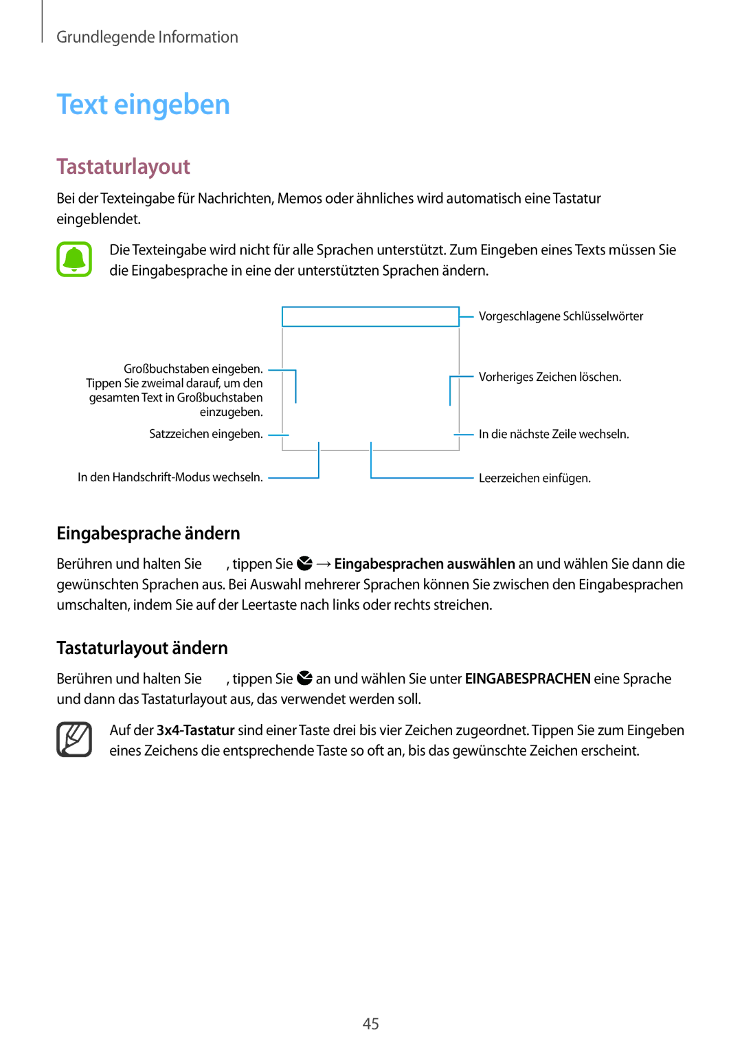 Samsung SM-N915FZKYATO, SM-N915FZWYEUR, SM-N915FZWYTPH manual Text eingeben, Eingabesprache ändern, Tastaturlayout ändern 