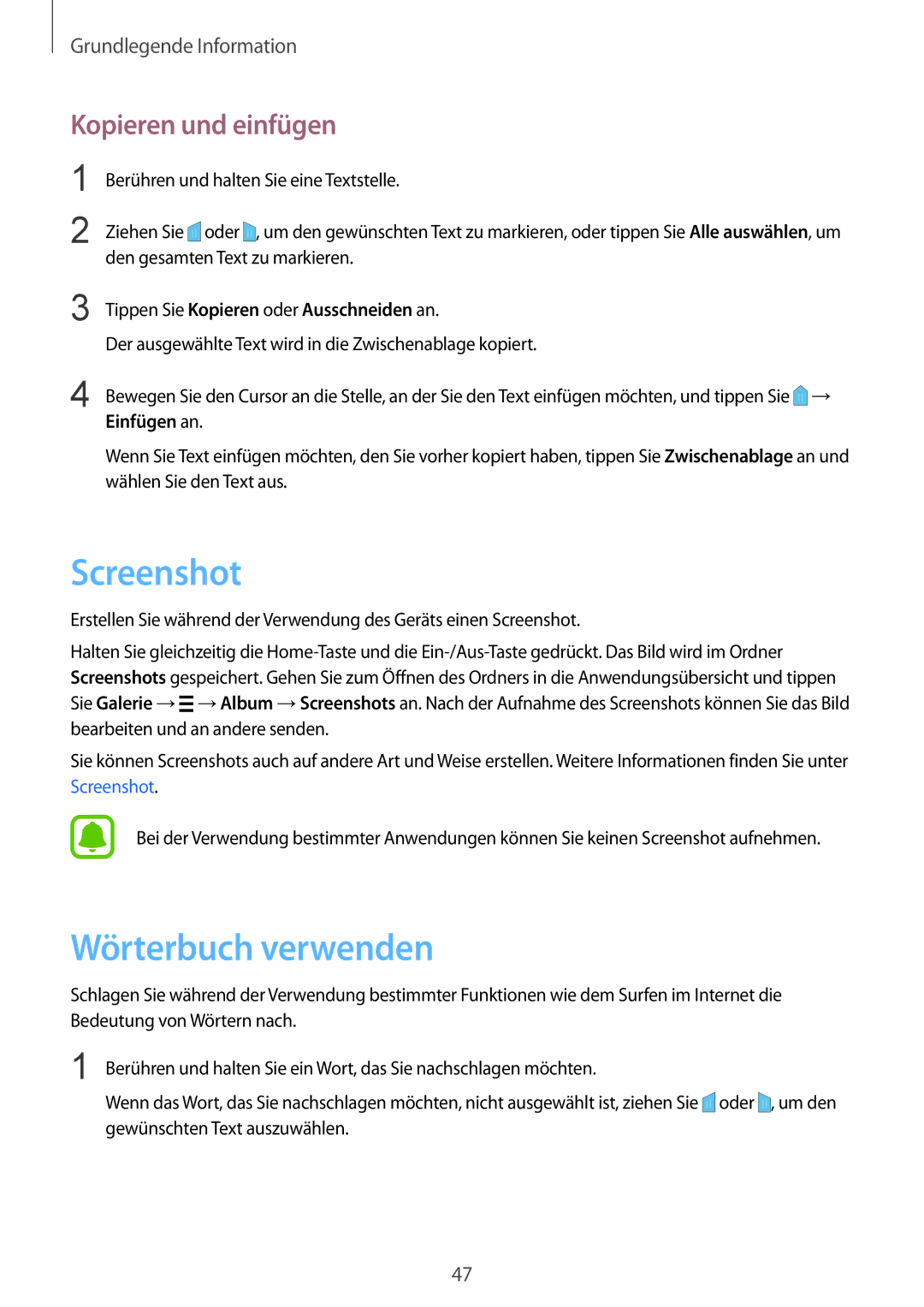 Samsung SM-N915FZKYTPH, SM-N915FZWYEUR, SM-N915FZKYATO manual Screenshot, Wörterbuch verwenden, Kopieren und einfügen 