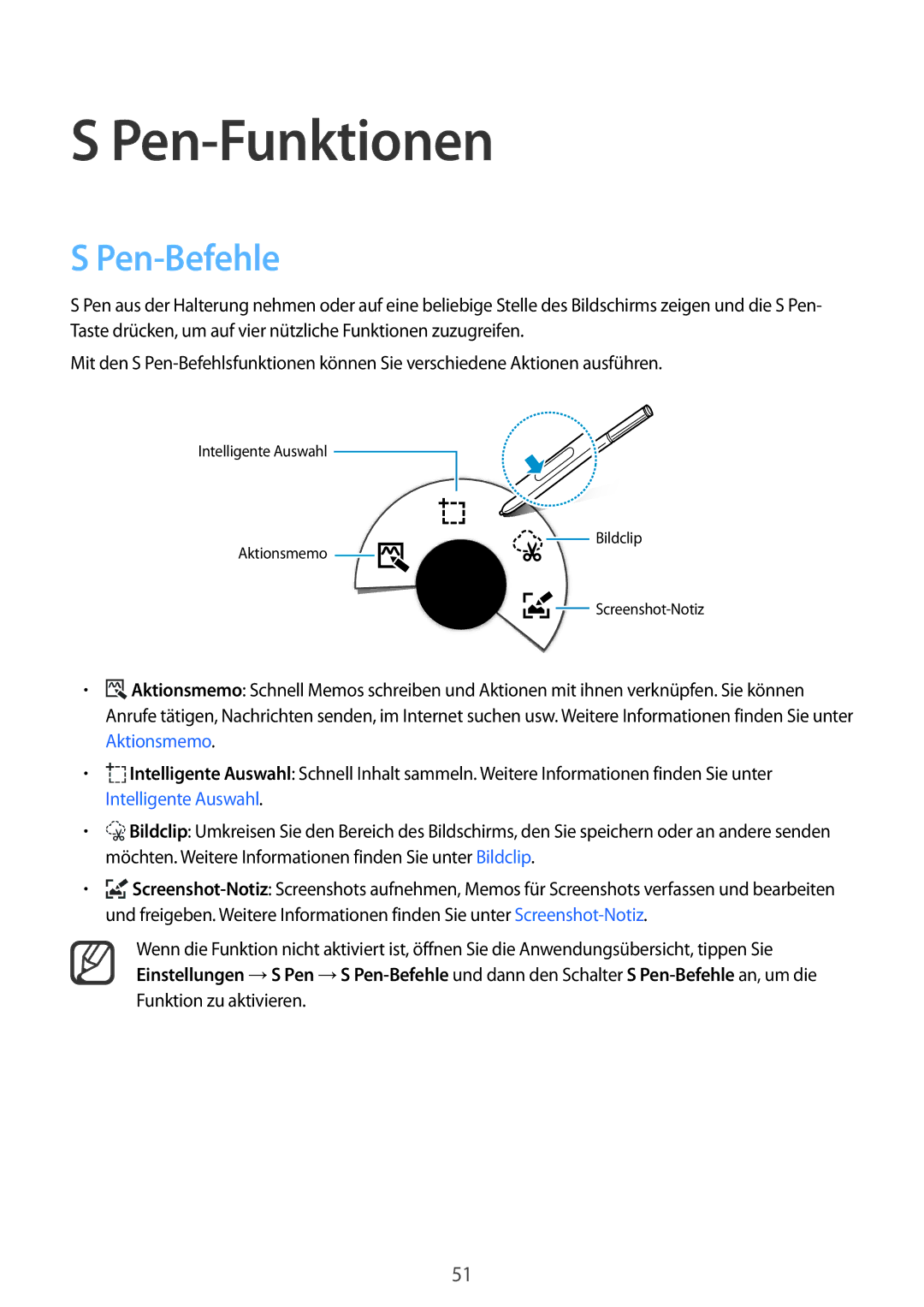 Samsung SM-N915FZWYATO, SM-N915FZWYEUR, SM-N915FZKYATO, SM-N915FZWYTPH, SM-N915FZKYTPH manual Pen-Funktionen, Pen-Befehle 