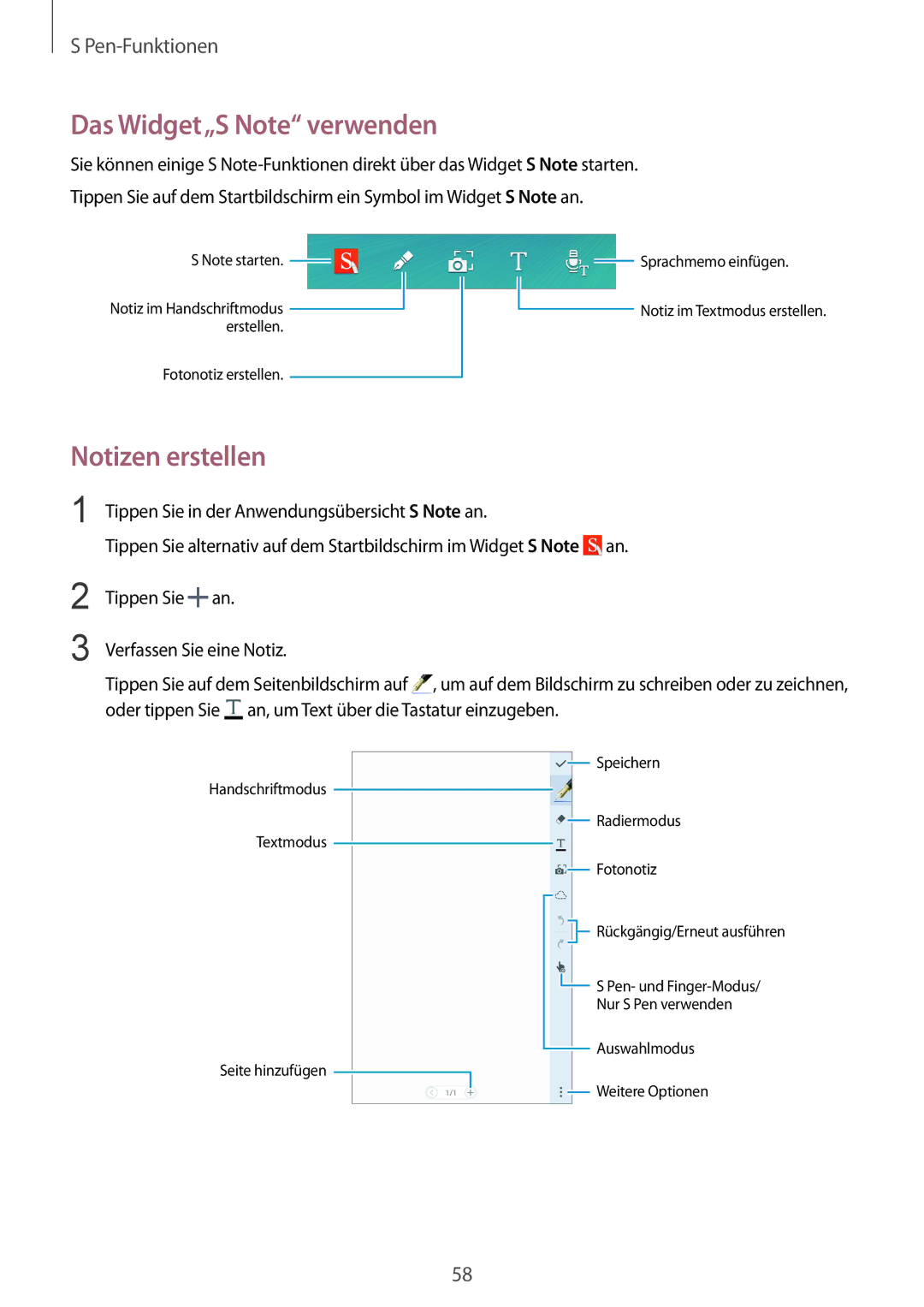 Samsung SM-N915FZKYTPH, SM-N915FZWYEUR, SM-N915FZKYATO, SM-N915FZWYTPH manual Das Widget„S Note verwenden, Notizen erstellen 