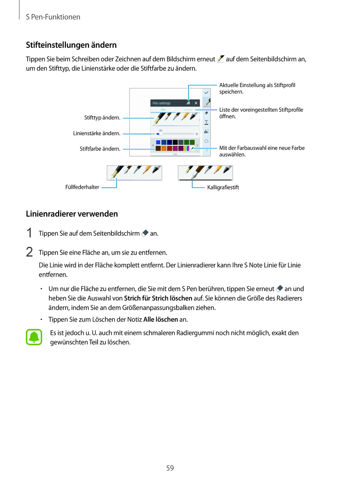 Samsung SM-N915FZWYXEO, SM-N915FZWYEUR, SM-N915FZKYATO, SM-N915FZWYTPH Stifteinstellungen ändern, Linienradierer verwenden 