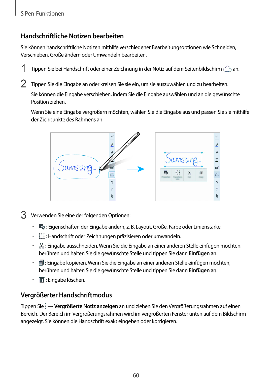 Samsung SM-N915FZWYDBT, SM-N915FZWYEUR, SM-N915FZKYATO Handschriftliche Notizen bearbeiten, Vergrößerter Handschriftmodus 