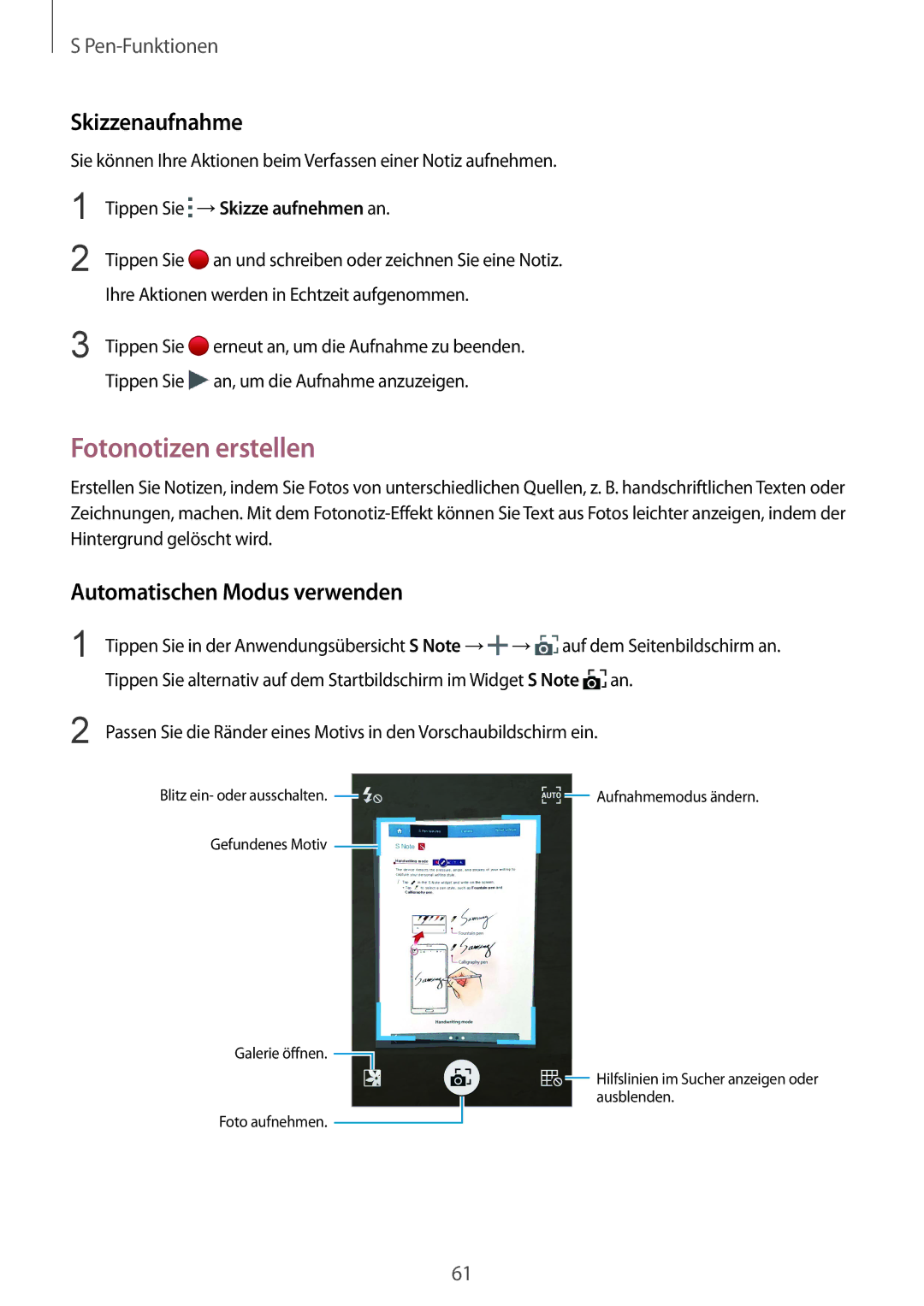 Samsung SM-N915FZKYEUR, SM-N915FZWYEUR manual Fotonotizen erstellen, Skizzenaufnahme, Automatischen Modus verwenden 