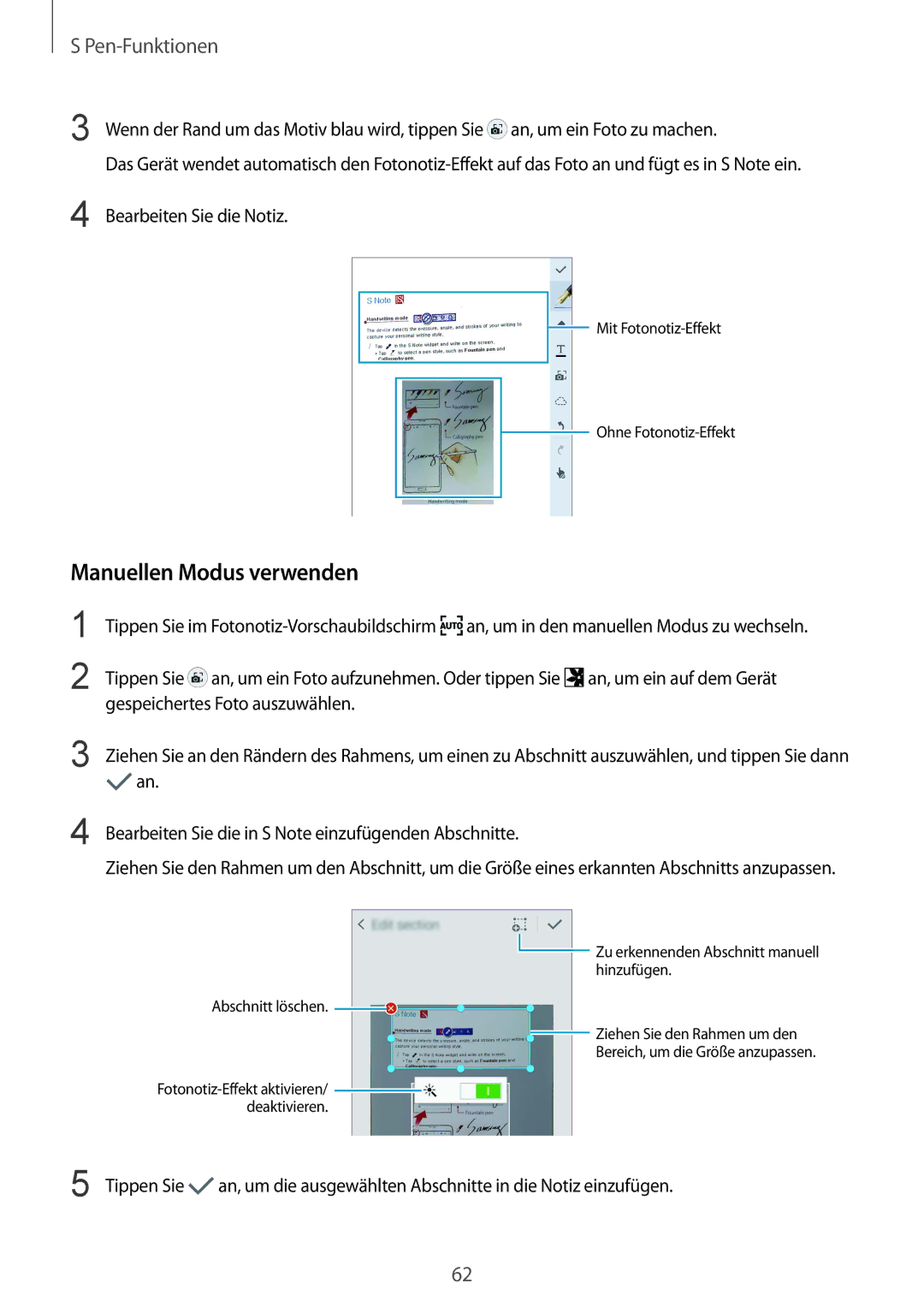 Samsung SM-N915FZWYATO, SM-N915FZWYEUR Manuellen Modus verwenden, Bearbeiten Sie die in S Note einzufügenden Abschnitte 