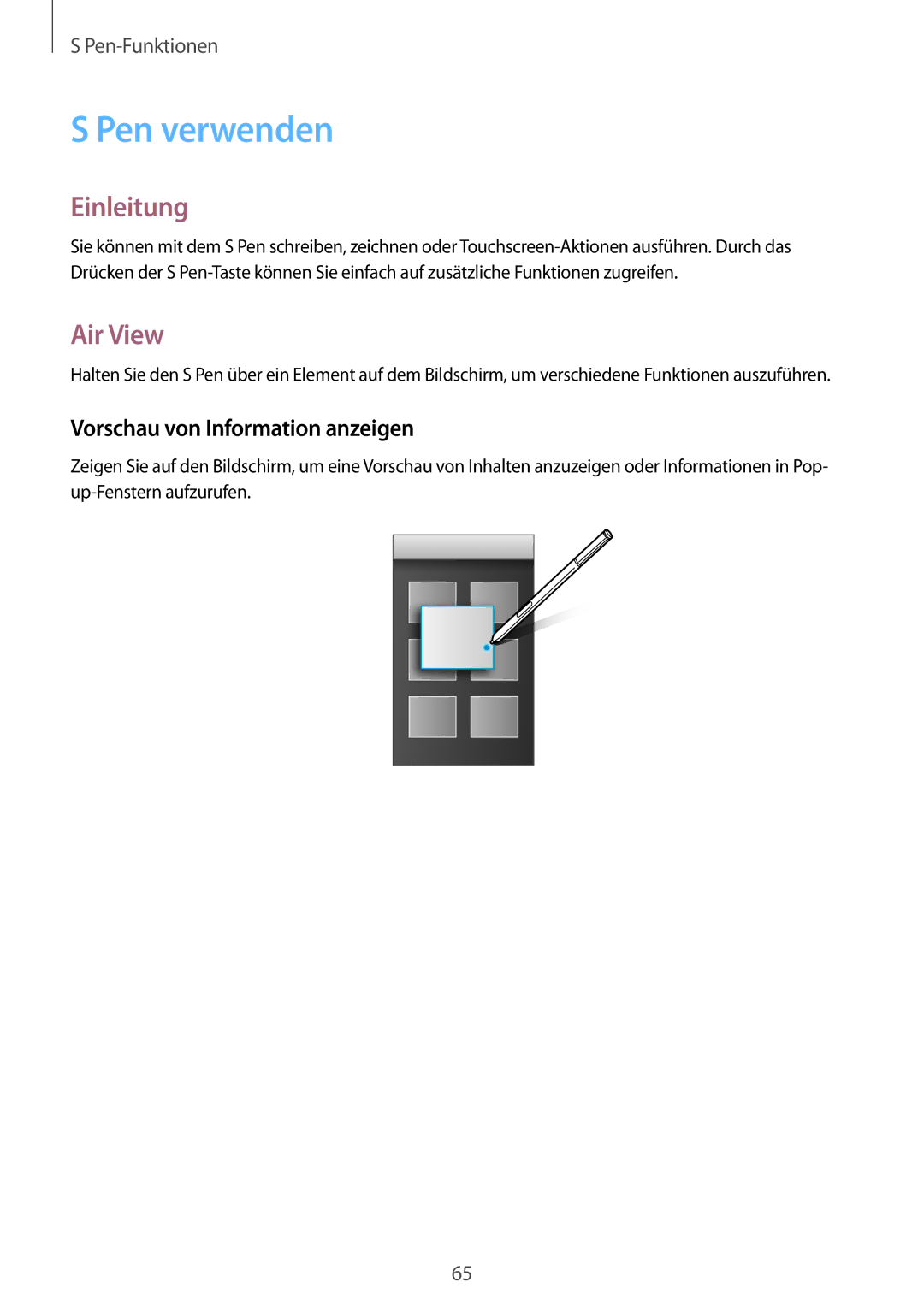 Samsung SM-N915FZKYXEF, SM-N915FZWYEUR, SM-N915FZKYATO manual Pen verwenden, Air View, Vorschau von Information anzeigen 