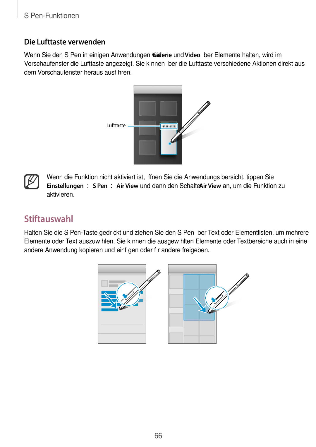 Samsung SM-N915FZWYEUR, SM-N915FZKYATO, SM-N915FZWYTPH, SM-N915FZKYTPH, SM-N915FZWYXEO Stiftauswahl, Die Lufttaste verwenden 