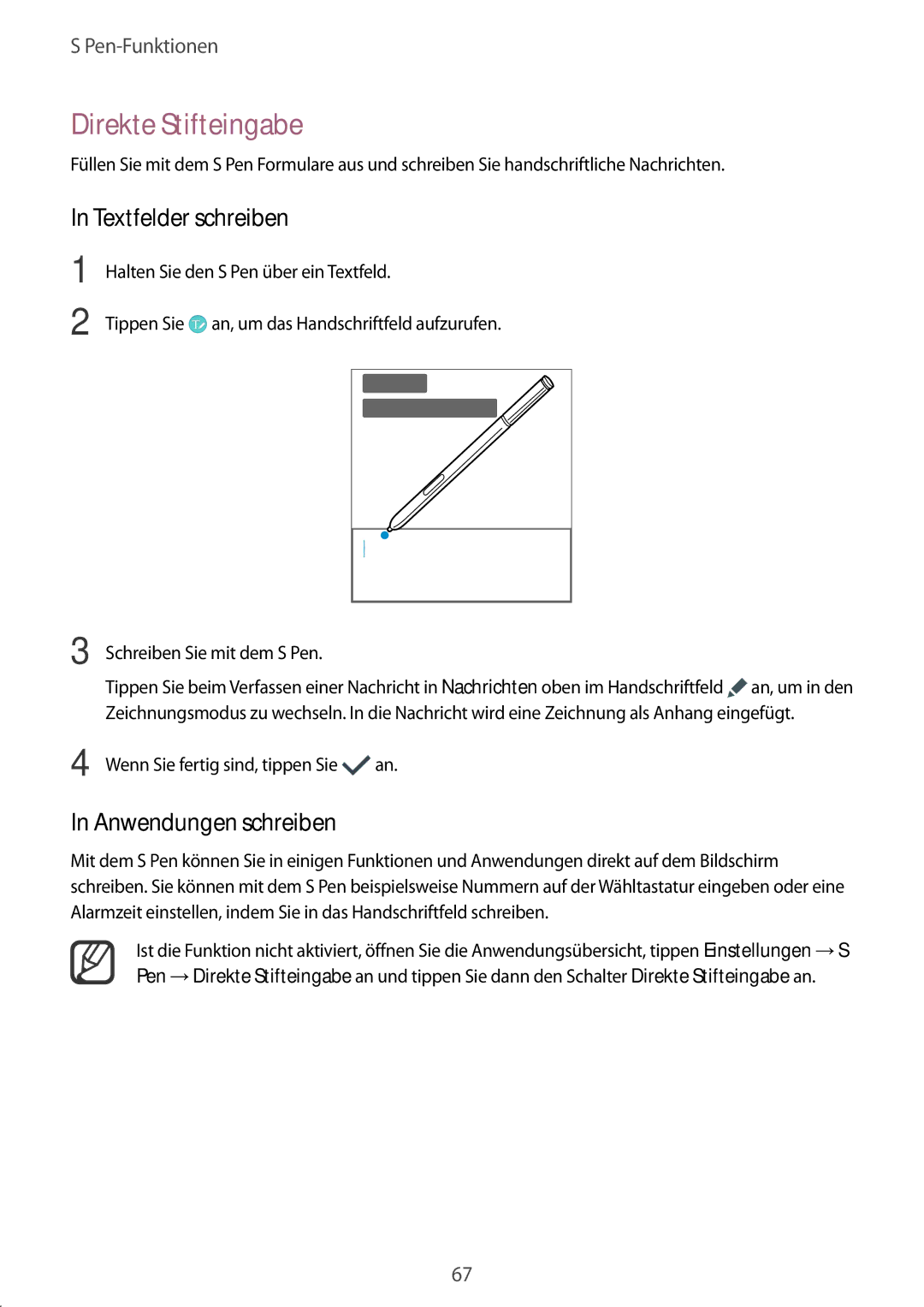 Samsung SM-N915FZKYATO, SM-N915FZWYEUR, SM-N915FZWYTPH Direkte Stifteingabe, Textfelder schreiben, Anwendungen schreiben 