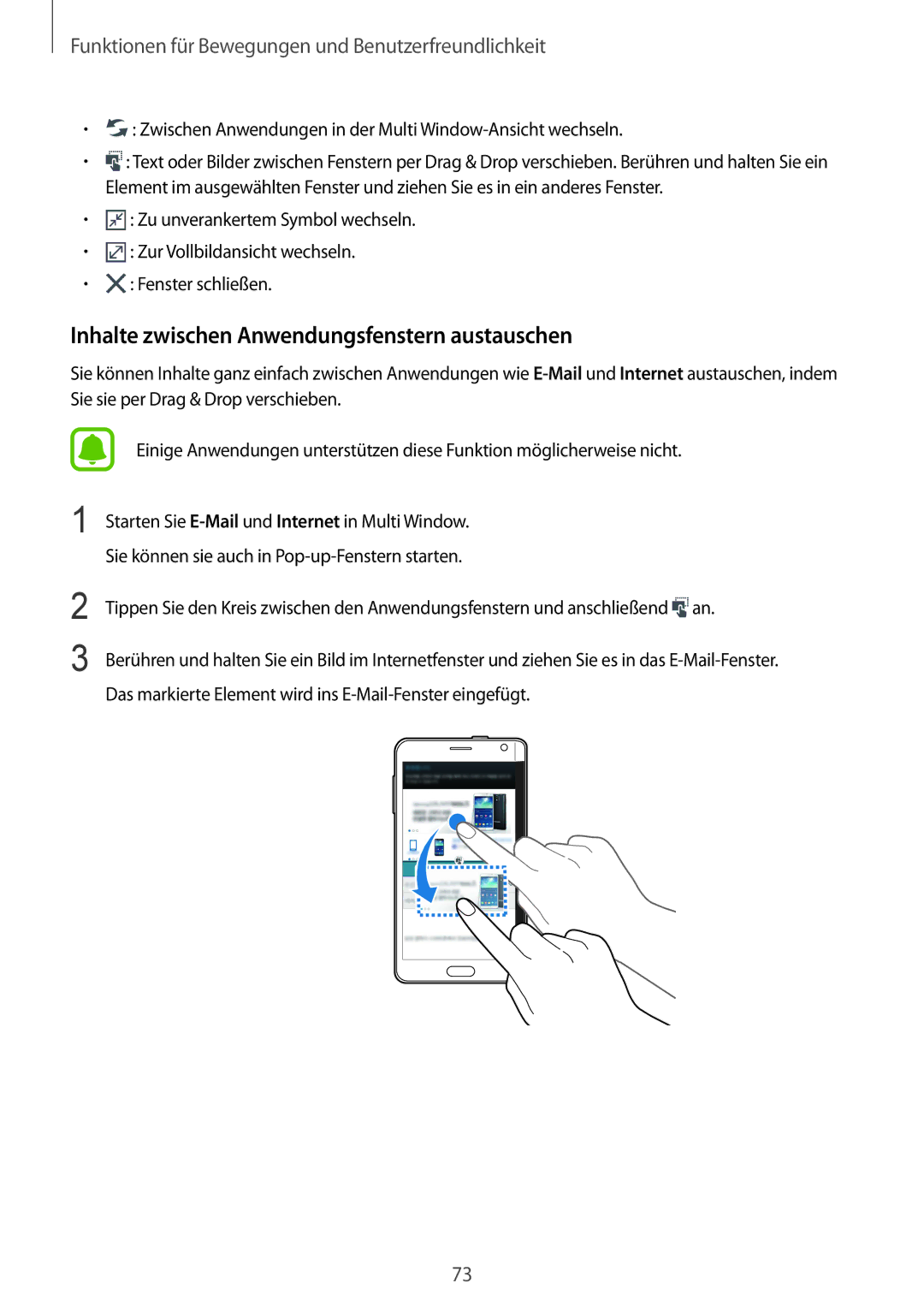 Samsung SM-N915FZWYATO, SM-N915FZWYEUR, SM-N915FZKYATO, SM-N915FZWYTPH manual Inhalte zwischen Anwendungsfenstern austauschen 