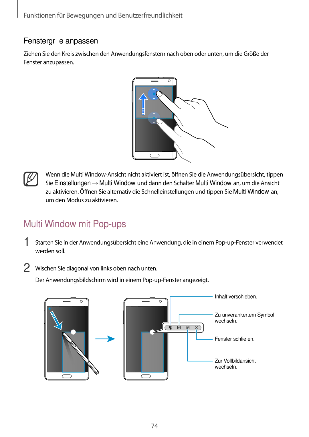 Samsung SM-N915FZKYSEB, SM-N915FZWYEUR, SM-N915FZKYATO, SM-N915FZWYTPH manual Multi Window mit Pop-ups, Fenstergröße anpassen 