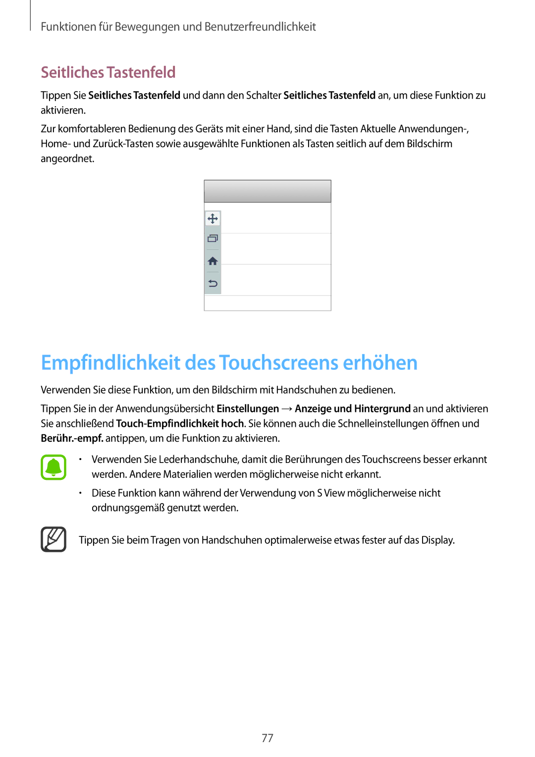 Samsung SM-N915FZWYEUR, SM-N915FZKYATO, SM-N915FZWYTPH manual Empfindlichkeit des Touchscreens erhöhen, Seitliches Tastenfeld 