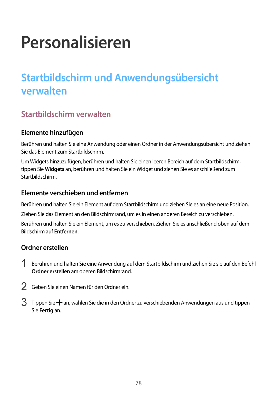 Samsung SM-N915FZKYATO manual Personalisieren, Startbildschirm und Anwendungsübersicht verwalten, Startbildschirm verwalten 