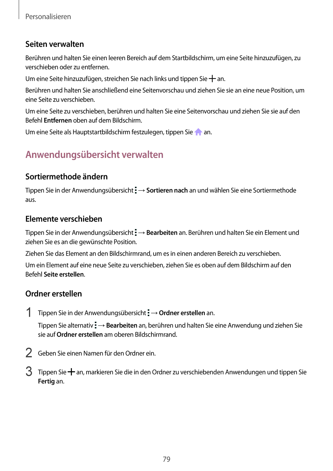 Samsung SM-N915FZWYTPH manual Anwendungsübersicht verwalten, Seiten verwalten, Sortiermethode ändern, Elemente verschieben 