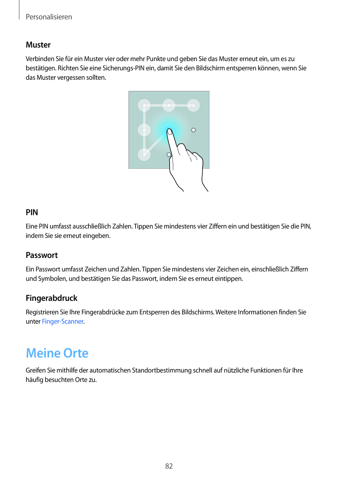 Samsung SM-N915FZWYDBT, SM-N915FZWYEUR, SM-N915FZKYATO, SM-N915FZWYTPH manual Meine Orte, Muster, Passwort, Fingerabdruck 