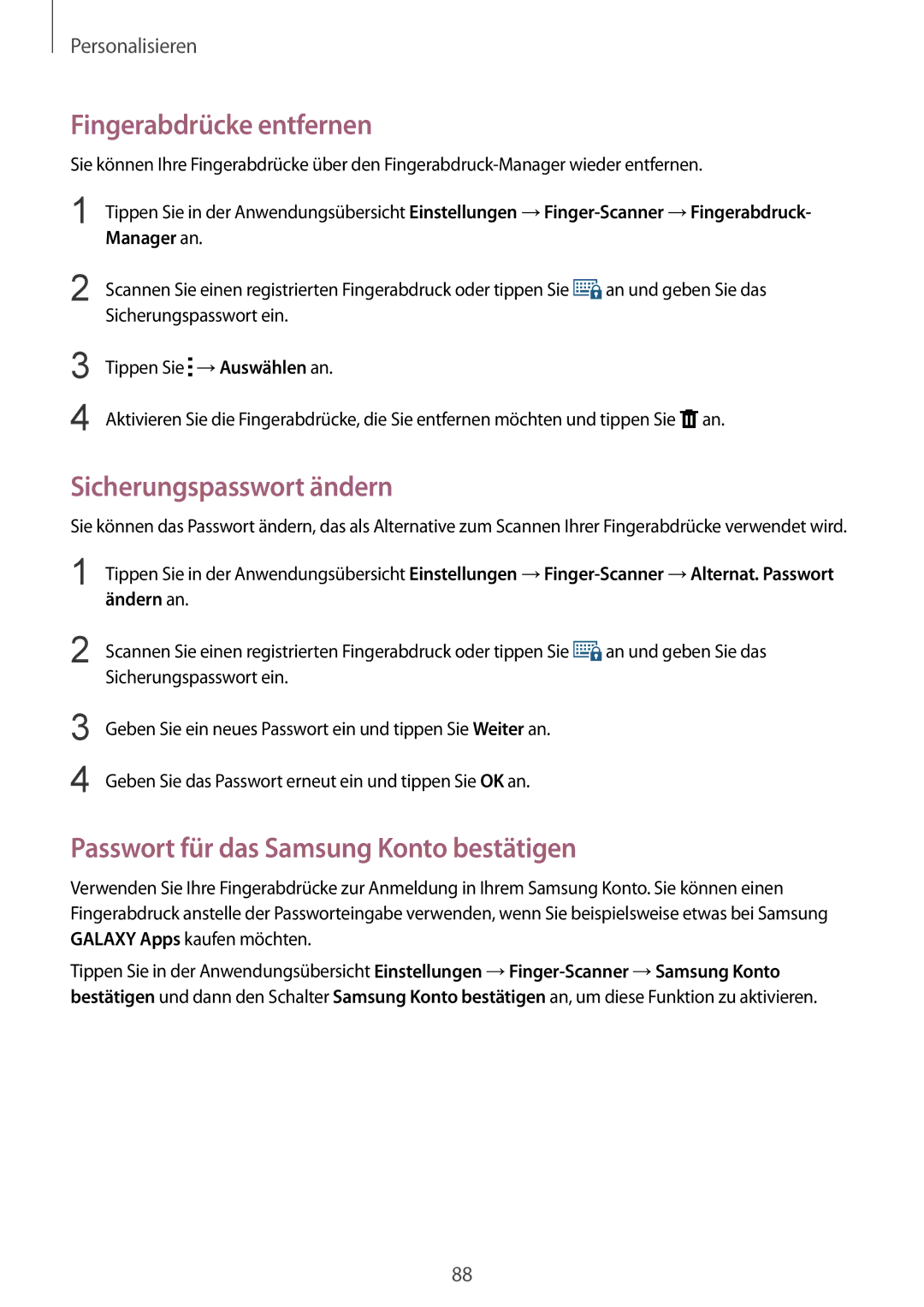 Samsung SM-N915FZWYEUR Fingerabdrücke entfernen, Sicherungspasswort ändern, Passwort für das Samsung Konto bestätigen 