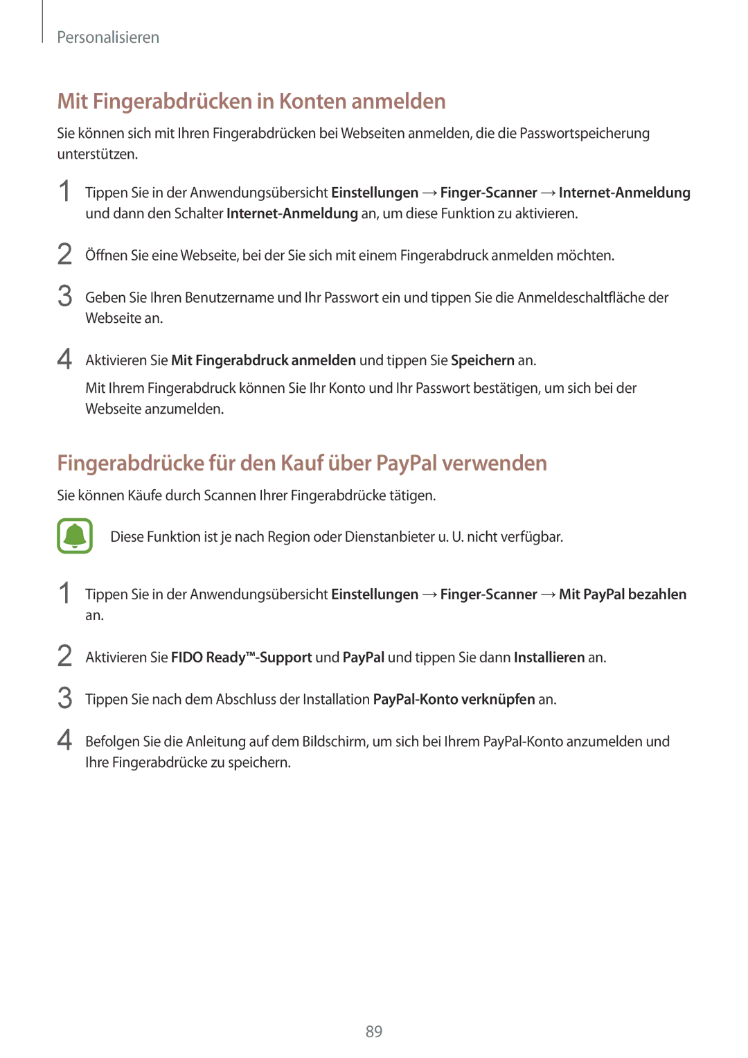 Samsung SM-N915FZKYATO manual Mit Fingerabdrücken in Konten anmelden, Fingerabdrücke für den Kauf über PayPal verwenden 